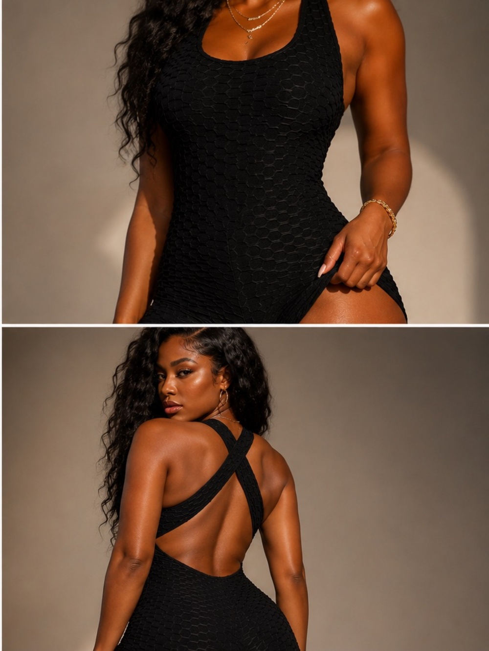 Black Textured Scrunch Butt Romper Cross Back Workout One Piece